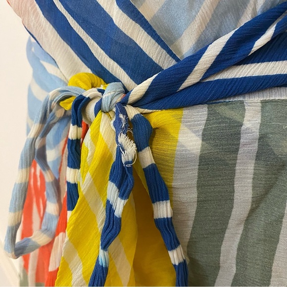 Tanya Taylor Goldie Striped Colorblock Patchwork V-Neck Handkerchief Midi Dress - Picture 6 of 14